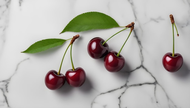 Cerezo con hojas aisladas sobre un fondo de mármol