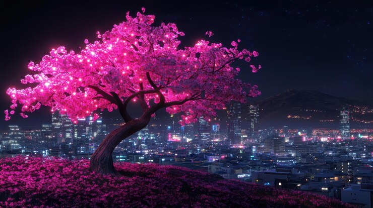 El cerezo rosado brillante ilumina el paisaje urbano futurista por la noche