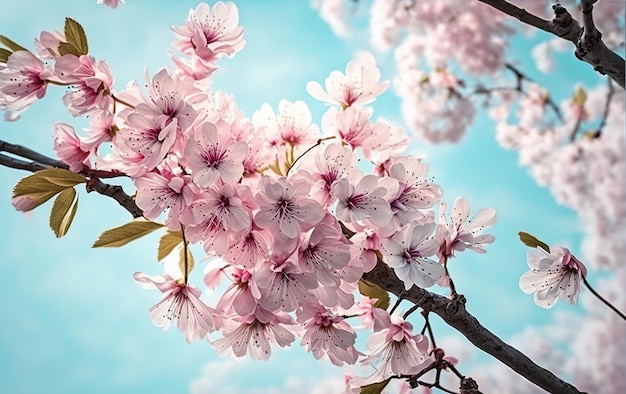 los cerezos en flor están llenos de flores con fondo de cielo