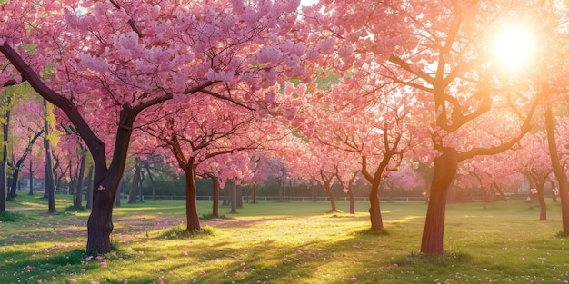 Los cerezos en flor iluminados por el sol en un exuberante parque verde