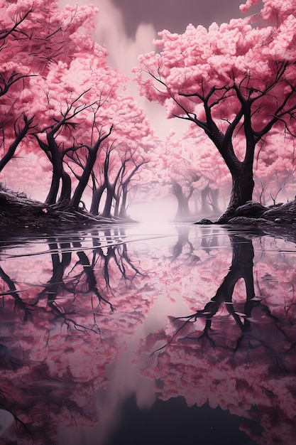 cerezos rosados en un bosque de niebla con reflejo.