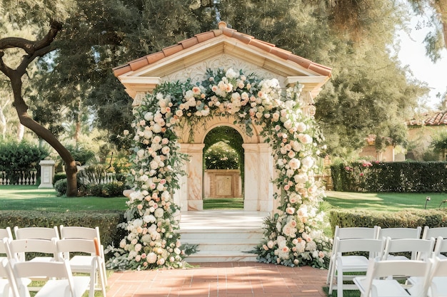 Cerimônia ao ar livre com cadeiras brancas e flores Cerimônia elegante sob um arco de mármore cercado por flores em flor AI Gerado