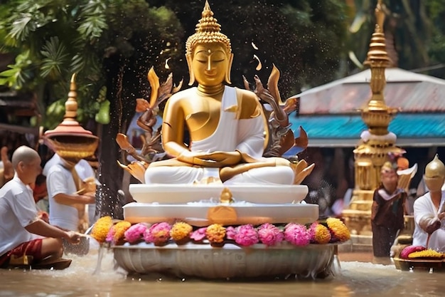 Cerimônia de água da estátua de Buda no festival de Songkran