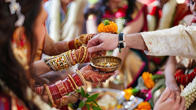 Cerimônia de casamento com tradições e rituais culturais Feriado de casamento próximo desfocado Cultura indiana Beleza pessoas negras Começando uma vida juntos conceito Generativo por AI