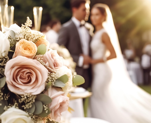 Foto cerimônia de casamento e celebração noiva e noivo em um belo local ao ar livre em um dia ensolarado decoração de casamento de luxo com flores e buquê de noiva generativa ai