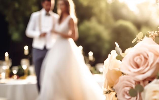 Cerimônia de casamento e celebração noiva e noivo em um belo local ao ar livre em um dia ensolarado decoração de casamento de luxo com flores e buquê de noiva generativo ai