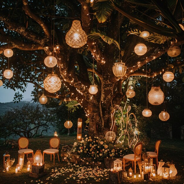 Foto cerimônia de casamento noturna com muitas lâmpadas vintage e velas na árvore grande