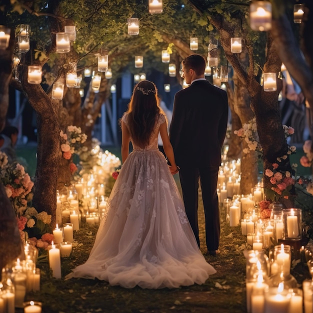 Cerimônia de casamento noturno, o arco é decorado com flores, velas e guirlandas de lâmpadas