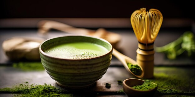 Foto cerimônia de chá matcha asiática tradicional japonesa bol de pó de colher orgânica seca de madeira arte gráfica