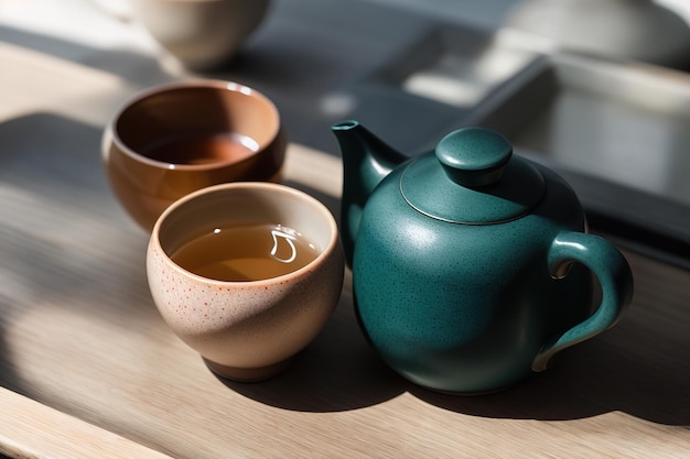 Cerimônia do chá chinês Bule de cerâmica feito de argila e tigelas em um fundo de madeira Generative ai