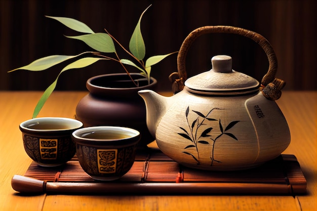 Cerimônia do chá japonês Bule e xícaras