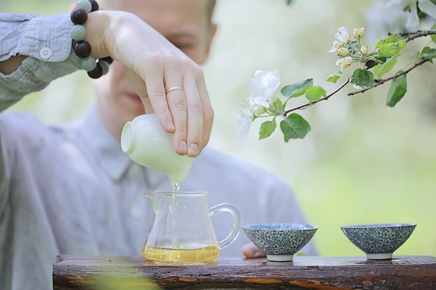 cerimônia do chá japonês no jardim primavera, aroma de cerejeira sakura na ásia