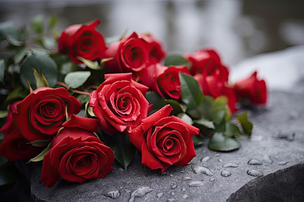 Cerimónia fúnebre ao ar livre com rosas vermelhas numa lápide de granito
