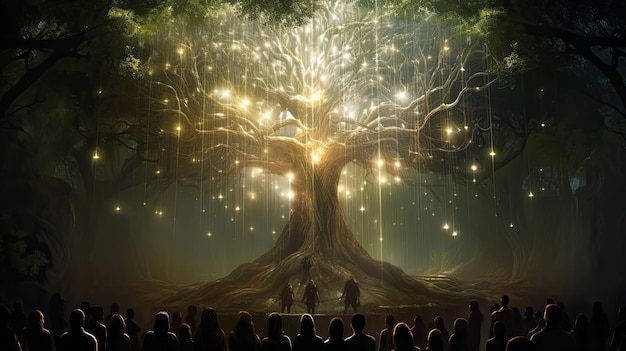Cerimônia tecnodruídica debaixo de uma árvore de luz