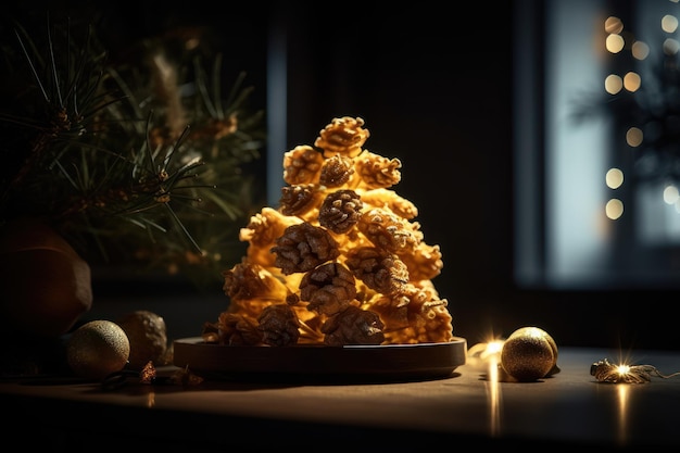 Cerrado de galletas Árbol de Navidad y fondo bokeh Fondo de celebración del día de Navidad