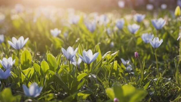 Cerrado de una variedad de flores de primavera que florecen bajo una tranquila luz del sol soñadora en una mañana de primavera