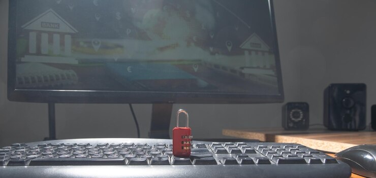 Foto cerradura con una computadora ciberseguridad y protección de datos digitales