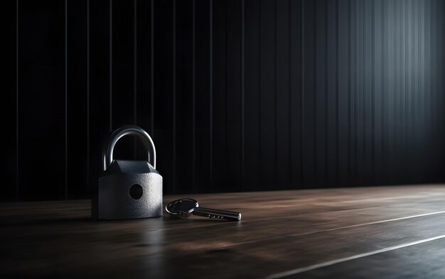 Una cerradura y una llave en una mesa de madera con un fondo negro.