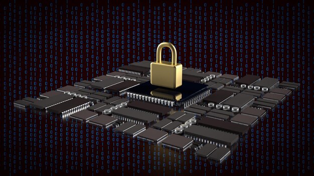 La cerradura de oro y el tablero de PCB para el concepto de seguridad de TI renderización 3D