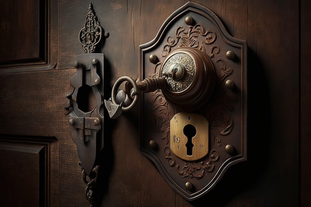 Una cerradura de puerta de madera tradicional con un ojo de cerradura y una llave en el exterior