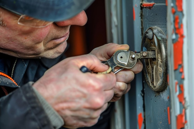 Un cerrajero reparando una cerradura de puerta haciendo hincapié en las capacidades de cerrajero