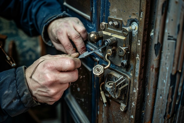 Un cerrajero reparando una cerradura de puerta haciendo hincapié en las capacidades de cerrajero