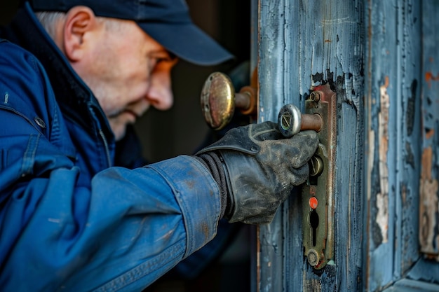 Un cerrajero reparando una cerradura de puerta haciendo hincapié en las capacidades de cerrajero