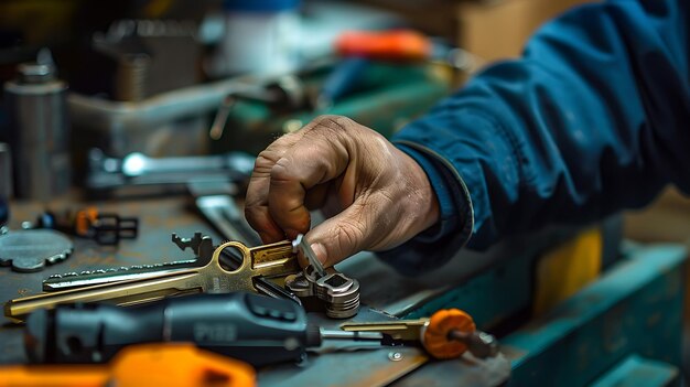 Un cerrajero trabaja duro para reparar una cerradura. Usa una variedad de herramientas para hacer el trabajo.