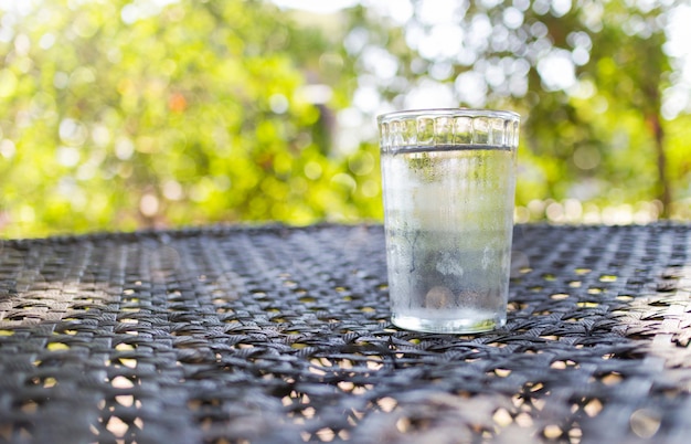 Cerrar la bebida fresca purificada en un vaso de agua de la botella en la mesa en el jardín.