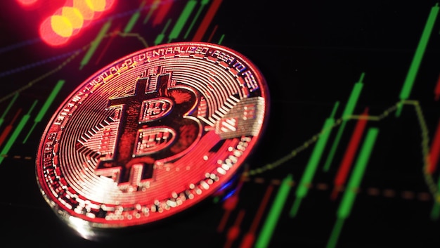 Cerrar bitcoin y barra de gráfico de mercado de valores digital en negro