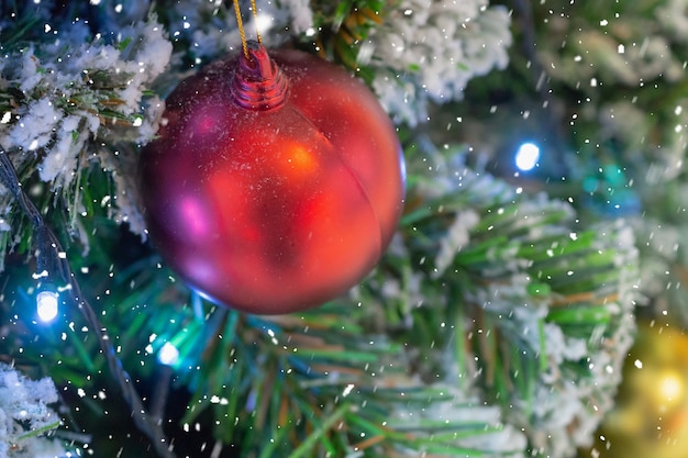 Cerrar la bola roja en el árbol de Navidad