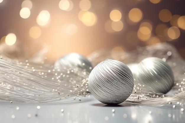 cerrar bolas de hilo levitar sobre un fondo plateado con tema de año nuevo con efecto bohem