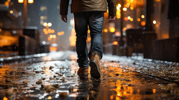 Cerrar bota Hombre caminando en la noche