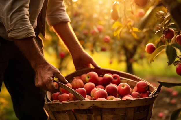 Cerrar la canasta de madera con manzanas rojas de temporada de los árboles del jardín