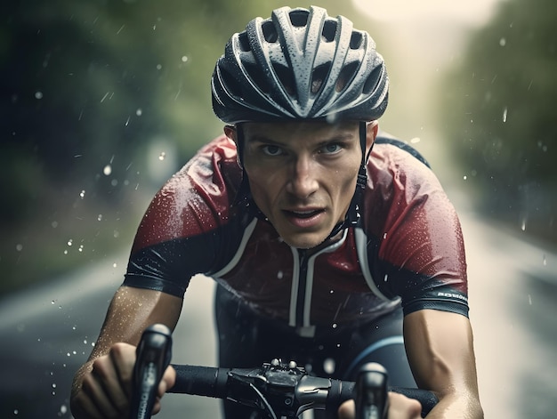 Cerrar la cara de un ciclista montando en un maillot mojado bajo la lluvia