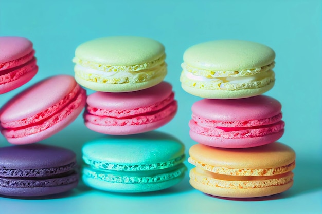 Cerrar colorido postre macarons con fondo pastel