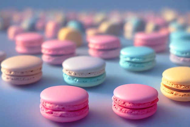 Cerrar colorido postre macarons con fondo pastel