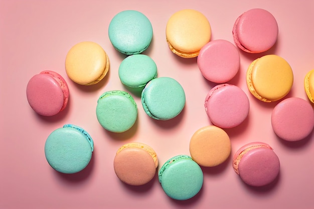 Cerrar colorido postre macarons con fondo pastel