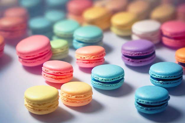 Cerrar colorido postre macarons con fondo pastel