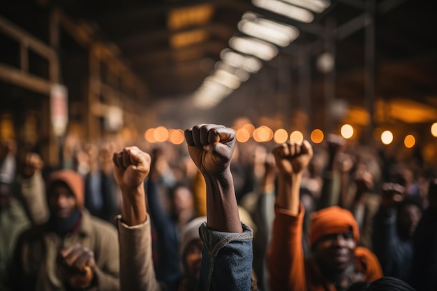 Foto cerrar diversas personas manos levantar ia generativa