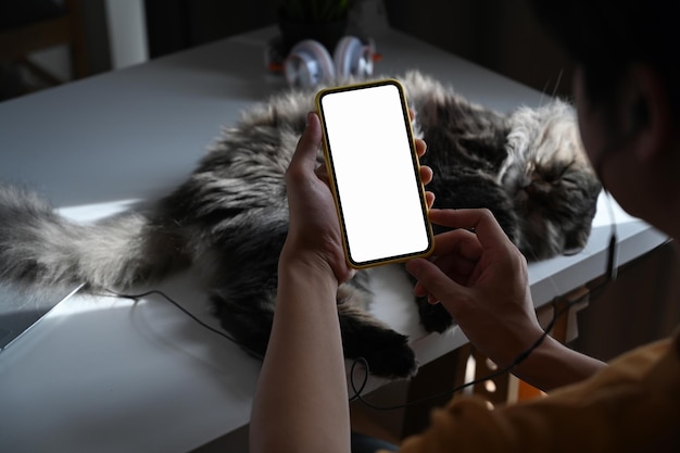 Cerrar por encima del hombro ver al hombre usando un teléfono inteligente y su gato durmiendo en la mesa