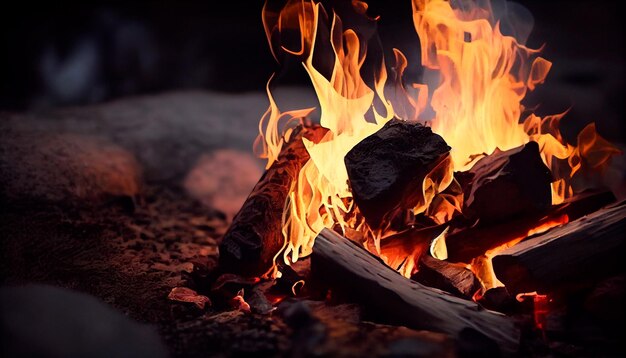 Cerrar fogata fuera de llama de madera y fuego AI generativa