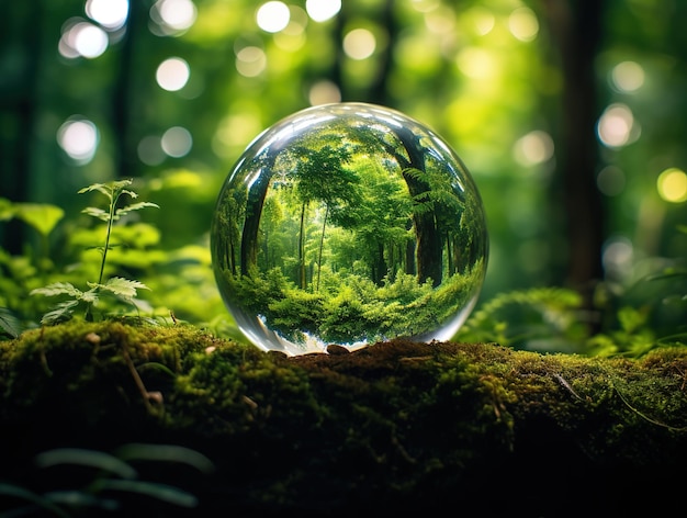 Cerrar foto de un globo de cristal enclavado en un exuberante bosque verde