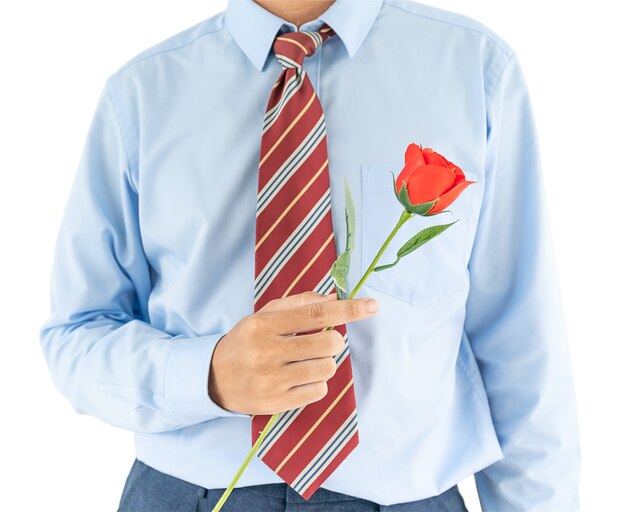 Cerrar foto de hombre sujetando con rosa roja sobre fondo blanco.