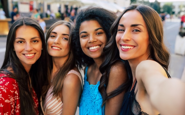 Cerrar foto selfie de cuatro amigas de vacaciones, vestidas con trajes de verano, mirando a la cámara, sonriendo ampliamente y sacando la lengua.