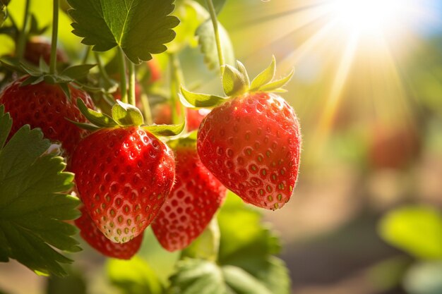 Foto cerrar las fresas frescas en la granja a la luz de la mañana