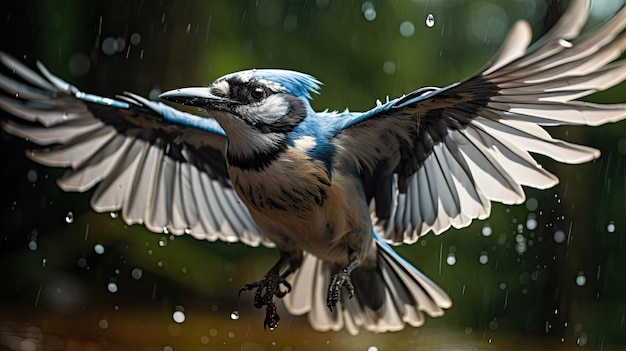 Cerrar gran angular espectacular foto resultado de un Bluejay en vuelo bajo la lluvia