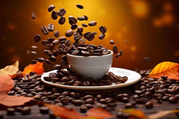 cerrar los granos de café levitar sobre un fondo temático de otoño