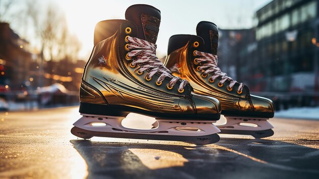 cerrar hockey patinado en una pista de invierno de la ciudad