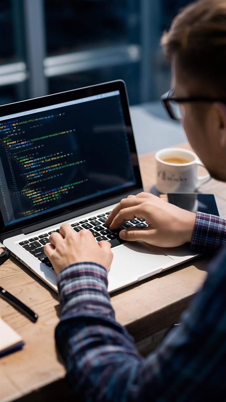Foto cerrar hombre escribiendo código en la computadora portátil